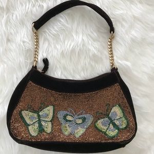 Liz Claiborne Brown Velvet Beaded Butterfly Purse